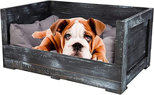 Kistenkolli Altes Land Hundebett Balu aus Holz mit Kissen 90x57x45cm Hundekorb Hundekissen Schlafplatz Vintage Hundesofa draußen Outdoor hundelounge Bett (90x57x45cm, Shabby Schwarz) von Kistenkolli Altes Land