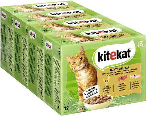 Kitekat Katzenfutter Nassfutter Bunte Vierfalt in Sauce, 48 Portionsbeutel (4 x 12 x 85g) von Kitekat