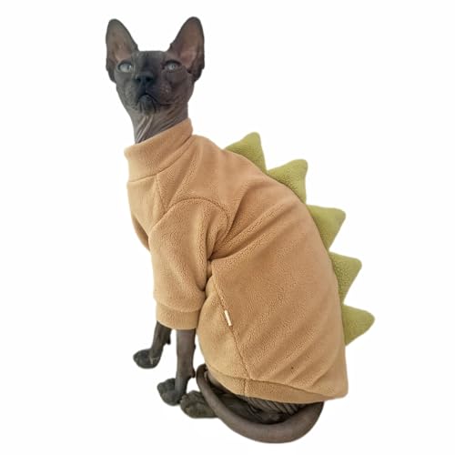 Dinosaur Sphynx Katzenkleidung, weicher Polarfleecepullover für Katze, elastische Haustierkleidung, dick, warm, für den Winter, für haarlose Katze, Devon, Kornisch, kleine Hunde (Khaki, klein) von Kitipcoo