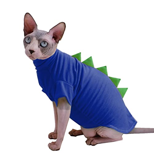 Dinosaurier-Design Sphynx haarlose Katzenkleidung, niedlich, atmungsaktiv, Sommer-Baumwollhemden, Katzen-Kostüm, Haustierkleidung, runder Kragen, Kätzchen-T-Shirts mit Ärmeln, Größe M (1 Stück), Blau von Kitipcoo