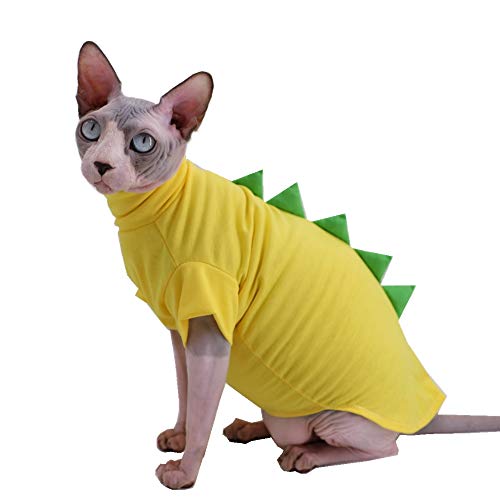 Dinosaurier-Design Sphynx haarlose Katzenkleidung, niedlich, atmungsaktiv, Sommer-Baumwollhemden, Katzen-Kostüm, Haustierkleidung, runder Kragen, Katzen und kleinen Hundenbekleidung (XX-Large, Gelb) von Kitipcoo