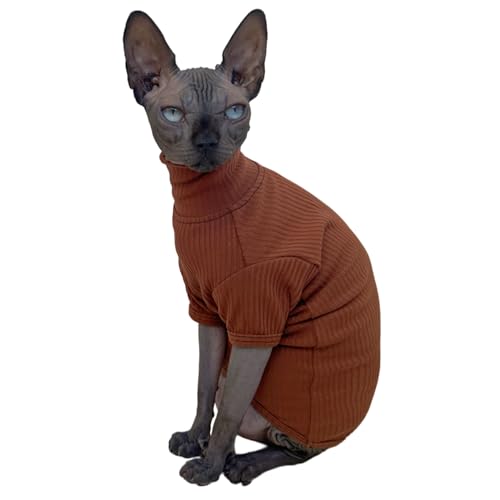 Kitipcoo Sphynx Haarlose Katzen Shirt Baumwolle Katze Rollkragenpullover Kätzchen T-Shirts mit Ärmeln Katze Pyjama Overall für Sphynx Cornish Rex, Devon Rex, Peterbald (Kaffee, Small) von Kitipcoo