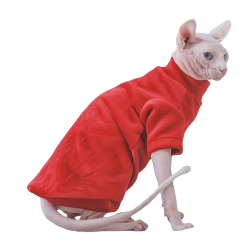 Rollkragenpullover für Sphynx-Katzen, weiches, dickes, doppelseitiges Fleece, Katzenkleidung, Winter, warmer Outfit, Mantel für haarlose Katzen und kleine Hunde, Bekleidung mit Ärmeln, Rot, Größe L von Kitipcoo