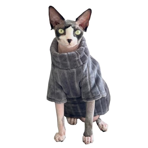 Rollkragenpullover für Sphynx-Katzen, weiches Korallen-Fleece, Katzenkleidung, dick, Winter, warmes Outfit, Mantel für haarlose Katzen und kleine Hunde, Bekleidung mit Ärmeln (M (2,3–3,2 kg), Grau) von Kitipcoo