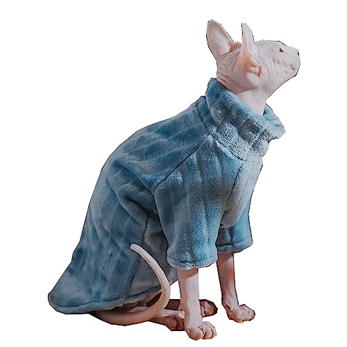 Rollkragenpullover für Sphynx-Katzen, weiches Korallen-Fleece, Katzenkleidung, dick, Winter, warmes Outfit, Mantel für haarlose Katzen und kleine Hunde, Bekleidung mit Ärmeln (M (2,3–3,2 kg), blau) von Kitipcoo