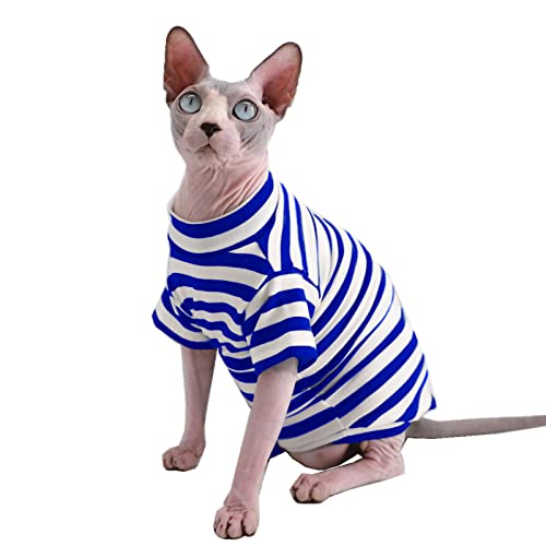 Sphynx Baumwoll-T-Shirt, haarlose Katze, rot, gestreift, atmungsaktiv, Rundhalsausschnitt, ärmellos, für Katzen und kleine Hunde, Größe M (2 - 2,5 kg), Blau gestreift von Kitipcoo