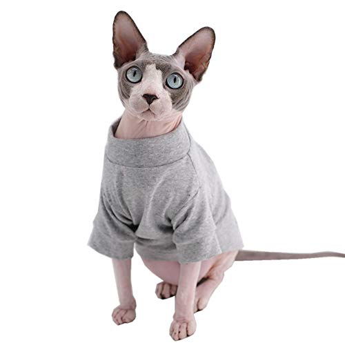 Sphynx haarlose Katzen-T-Shirts aus Baumwolle, Haustierkleidung, Pullover, Kätzchen-T-Shirts mit Ärmeln, für Katzen und kleine Hunde, einfarbig, Grau, Größe L (4 - 5 kg) von Kitipcoo