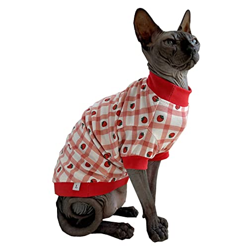 Sphynx Haarlose Katze, niedliche Sommer-Baumwoll-T-Shirts, Haustierkleidung, Rundkragen, Kätzchen-Shirts, Katzenbekleidung (kariert, Erdbeere, Größe M (1 Stück)) von Kitipcoo