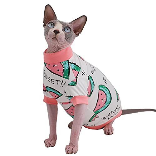 Sphynx Haarlose Katze, niedliche Sommer-Baumwoll-T-Shirts, Haustierkleidung, Rundkragen, Kätzchen-Shirts, Katzenbekleidung (rosa Wassermelone, X-Large (1 Pack) von Kitipcoo