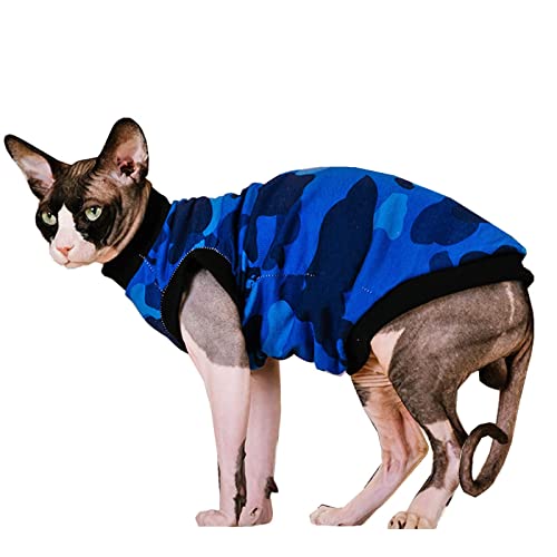 Sphynx Sommer-T-Shirt, für Katzen, ohne Haare, Baumwolle, Katzenweste, Haustierkleidung, Rundkragen, ärmellos, für Katzen und kleine Hunde (Blau, Camouflage, Größe S) von Kitipcoo