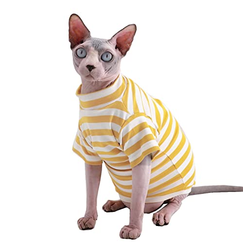 Sphynx Haarlose Katze rot gestreift atmungsaktiv Sommer Baumwolle T-Shirts Haustierkleidung Rundkragen Weste Kätzchen Shirts ärmellos Katzen & kleine Hunde Bekleidung (M (2-2,5 kg), gelb gestreift) von Kitipcoo