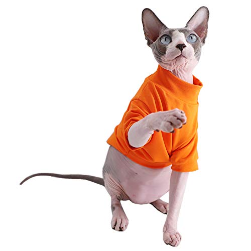Sphynx Haarlose Katzen-T-Shirts aus Baumwolle, Haustierkleidung, Pullover Kätzchen-T-Shirts mit Ärmeln, Katzen und kleine Hunde, einfarbig, Größe S (1,5–2,3 kg), Orange von Kitipcoo