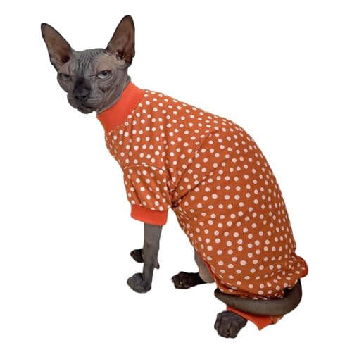 Sphynx Katzen-Schlafanzug mit vier Beinen, Baumwolle, elastische Haustierkleidung für haarlose Katzen, Operationsanzug, Unterhemd, Thermokleidung für Sphynx, Devon, Cornish (weiße Punkte, Größe XL von Kitipcoo