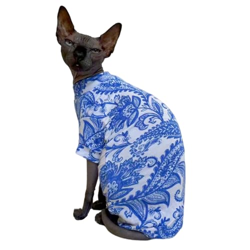 Sphynx Katzen-Schlafanzug mit vier Beinen, Baumwolle, elastische Haustierkleidung für haarlose Katzen, Operationsanzug, Unterhemd, Thermokleidung für Sphynx, Devon, Cornish (Blaues Porzellan, Größe M von Kitipcoo