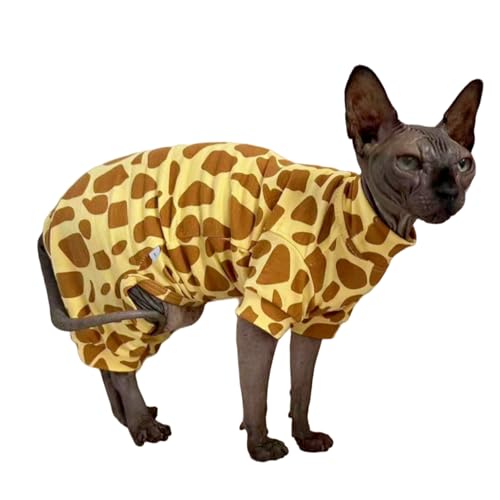 Sphynx Katzen-Schlafanzug mit vier Beinen, Baumwolle, elastische Haustierkleidung für haarlose Katzen, Operationsanzug, Unterhemd, Thermokleidung für Sphynx, Devon, Cornish (Giraffe, Größe M (3,2–3,5 von Kitipcoo