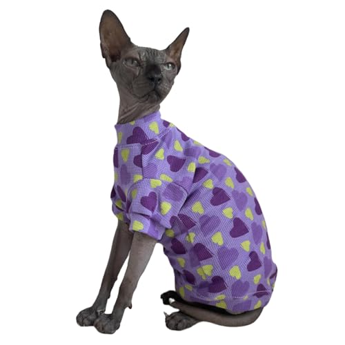 Sphynx Katzen-T-Shirt, Baumwolle, haarlos, Katzen-Sweatshirt, Rundkragen, Kätzchen-Shirt, Weste, Katzen und kleine Hunde, Lila Herz, Größe M (2,5–3 kg) von Kitipcoo