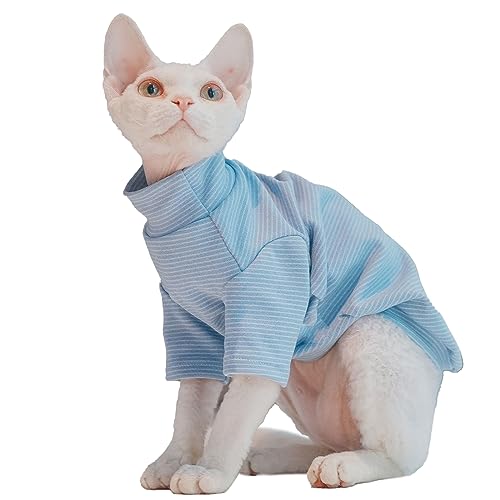 Sphynx Katzen Warmes Fleece-Shirt Katze Rollkragen Unterhemd Thermo Haarlose Katzenkleidung für Sphynx, Devon, Cornish Katzenkleidung und kleine Kätzchen und Hunde (Blaue Nadelstreifen, Large) von Kitipcoo