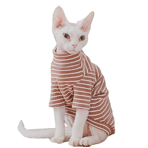 Sphynx Katzen Warmes Fleece-Shirt Katze Rollkragen Unterhemd Thermo Haarlose Katzenkleidung für Sphynx, Devon, Cornish Katzenkleidung und kleine Kätzchen und Hunde (Coffee Bold Stripe, Large) von Kitipcoo