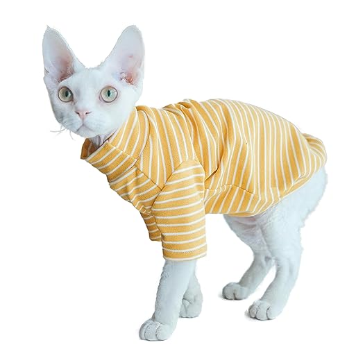 Sphynx Katzen Warmes Fleece-Shirt Katze Rollkragen Unterhemd Thermo Haarlose Katzenkleidung für Sphynx, Devon, Cornish Katzenkleidung und kleine Kätzchen und Hunde (Gelb Bold Stripe, Medium) von Kitipcoo