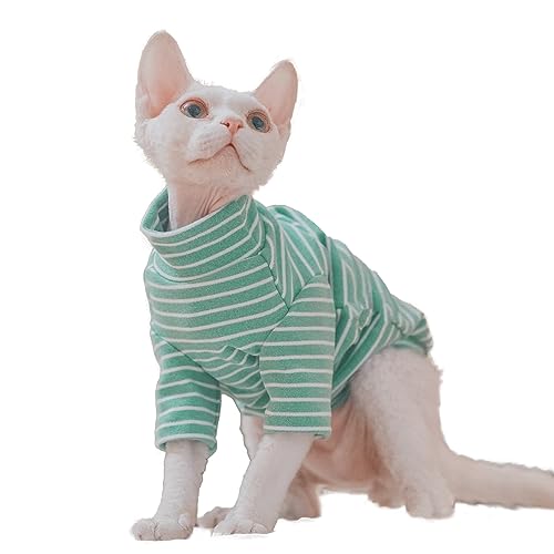 Sphynx Katzen Warmes Fleece-Shirt Katze Rollkragen Unterhemd Thermo Haarlose Katzenkleidung für Sphynx, Devon, Cornish Katzenkleidung und kleine Kätzchen und Hunde (Grün Bold Stripe, X-Large) von Kitipcoo