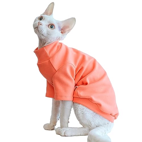 Sphynx Katzen Warmes Fleece-Shirt Katze Rollkragen Unterhemd Thermo Haarlose Katzenkleidung für Sphynx, Devon, Cornish Katzenkleidung und kleine Kätzchen und Hunde (Solid Orange, Large) von Kitipcoo