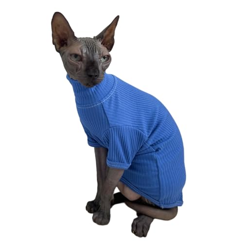 Sphynx Katzenhemd Katze Rollkragen Baumwolle Pullover Kätzchen T-Shirts mit Ärmeln Katze Pyjama Overall für Sphynx Cornish Rex, Devon Rex, Peterbald (Klein (1 Stück), Dunkelblau) von Kitipcoo