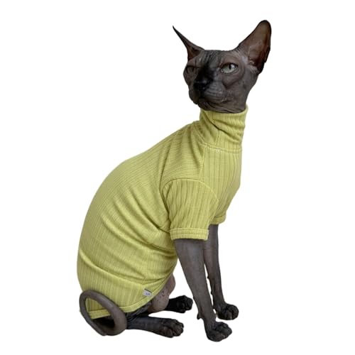 Sphynx Katzenhemd Katze Rollkragen Baumwolle Pullover Kätzchen T-Shirts mit Ärmeln Katze Pyjama Overall für Sphynx Cornish Rex, Devon Rex, Peterbald (Klein (1 Stück), Grün Gelb) von Kitipcoo