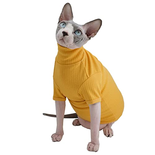 Sphynx Katzenhemd Katze Rollkragen Baumwolle Pullover Kätzchen T-Shirts mit Ärmeln Katzenpyjama Jumpsuit für Sphynx Cornish Rex, Devon Rex, Peterbald (XX-Large (1 Pack), Ingwer Gelb) von Kitipcoo