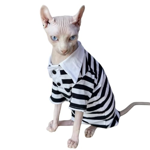 Sphynx Katzenhemd aus Baumwolle, haarlos, Kätzchen-Polo-T-Shirt mit Ärmeln, Pullover, Katzen-Pyjama für Sphynx Cornish Rex, Devon Rex, Peterbald (Schwarz-Weiß-Polo, Größe XXL) von Kitipcoo