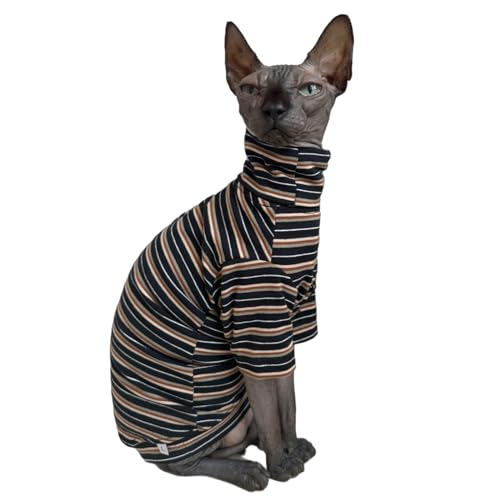 Sphynx Katzenhemd mit Vintage-Streifen, haarlos, Baumwolle, Rollkragen, Haustierkleidung, Kätzchen-T-Shirts mit Ärmeln für Sphynx-Katzen, Vintage-Schwarz, Größe XXL von Kitipcoo