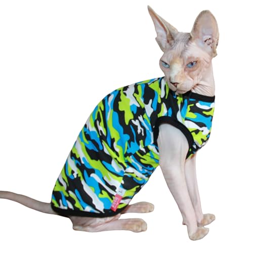 Sphynx Katzenkleidung, Weste, haarlos, Katzen-T-Shirt, Kätzchen, Kätzchen, Weste, Katzen und kleine Hunde, Grün / Blau, Tarnmuster, Größe S von Kitipcoo