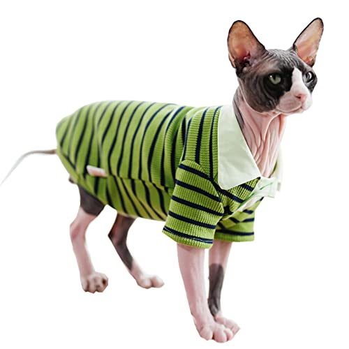 Sphynx Katzenshirt Baumwolle Haarloses Kätzchen Polo T-Shirt mit Ärmeln Pullover Katzenpyjama für Sphynx Cornish Rex, Devon Rex, Peterbald (Green Black Polo, Large) von Kitipcoo