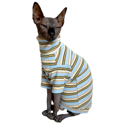 Sphynx Rollkragen-T-Shirt, Vintage-Streifen, haarlos, Baumwolle, Haustierkleidung, Weste, Kätzchen, ärmellos, Kleidung für Katzen und kleine Hunde, Hellblau, Größe L (1er-Pack) von Kitipcoo