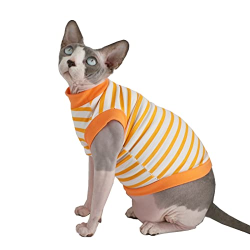 Sphynx Sommer-T-Shirts für Katzen, ohne Haare, Baumwolle, Rundhalsausschnitt, ärmellos, für Katzen und kleine Hunde (XXL, orangefarbene Streifen) von Kitipcoo