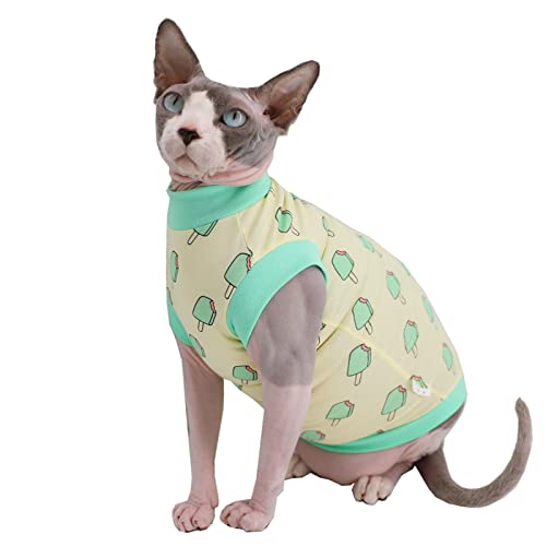 Sphynx Sommer-T-Shirt für Katzen, Baumwolle, mit rundem Kragen, ärmellos, für Katzen und kleine Hunde, Größe L, Grün (Eis am Stiel) von Kitipcoo