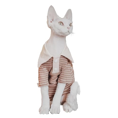 Super weiches Sphynx Katzenhemd Baumwolle haarloses Kätzchen Polo T-Shirt mit Ärmeln Pullover Katze Pyjama für Sphynx Cornish Rex, Devon Rex, Peterbald (Größe XXL, Braun Weiß Polo) von Kitipcoo