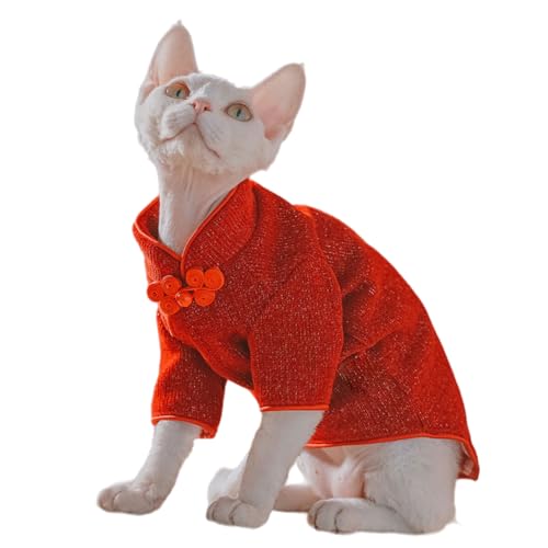 Traditional Culture Sphynx Baumwoll-T-Shirt, haarlos, Katzenkleidung, Haustierpullover, Katzenweste, Haustierkleidung, Kätzchen-Shirts, Katzen und kleine Hunde, Rot, Größe M (2,5–3,2 kg) von Kitipcoo