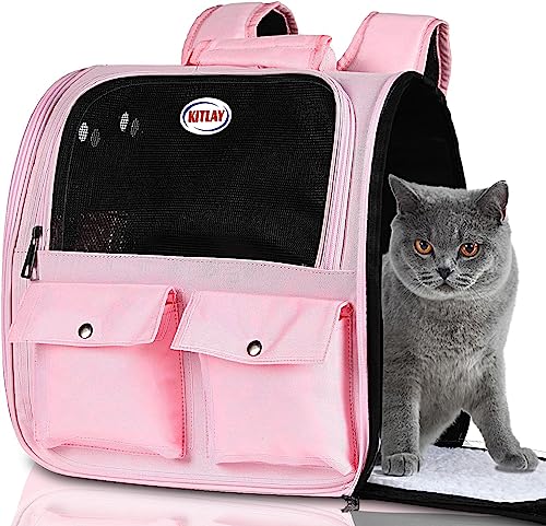 Kitlay Katzenrucksack für Mädchen, belüftetes Design, atmungsaktives Netzgewebe für kleine Katzen und Hunde für Reisen und Wandern, bis zu 11,3 kg, von Fluggesellschaften zugelassen (Pink) von Kitlay