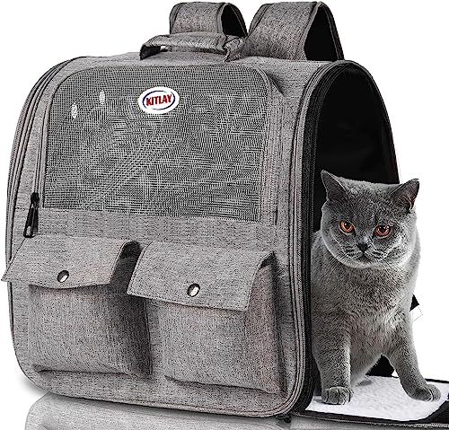 Kitlay Rucksack für Katzen,Haustiertragerucksack,belüftetes Design, atmungsaktives Netzgewebe für kleine Katzen und Hunde für Reisen,bis zu 11,3 kg, von Fluggesellschaften zugelassen (grau) von Kitlay