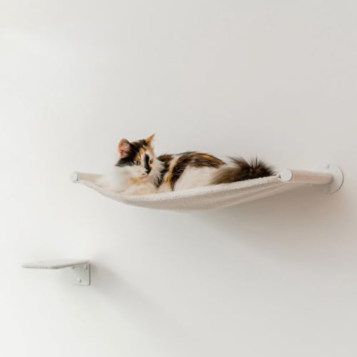 Katzenhängematte, Katzen-Wandregal, Katzenbett, Wandmontierte Katzenmöbel, Katzenhängematte für Wand, schwimmendes Katzenregal, Unterstützung bis zu 15 kg, elfenbeinfarbenes Set (Hängematte + Stufe) von Kitsune Garden