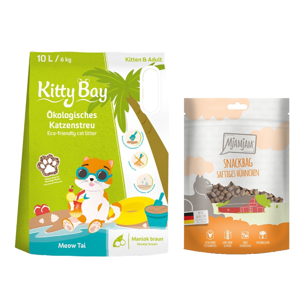 10 l KittyBay Ökologische Katzenstreu + 125 g MjAMjAM Snackbag saftiges Hühnchen gratis! -  Meow Tai Maniokmehl, braun von Kitty Bay