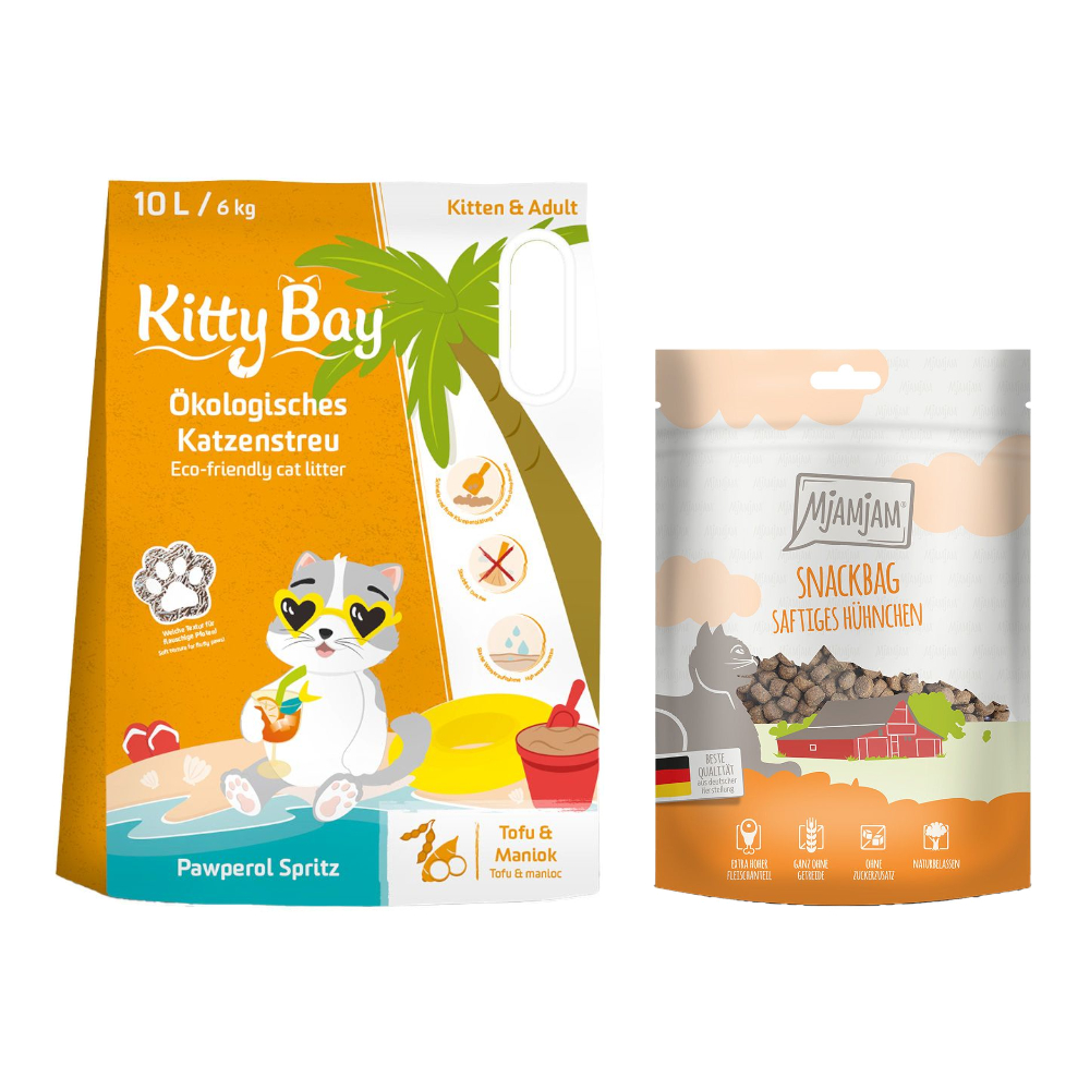 10 l KittyBay Ökologische Katzenstreu + 125 g MjAMjAM Snackbag saftiges Hühnchen gratis! - Pawperol Spritz Tofu und Maniok von Kitty Bay