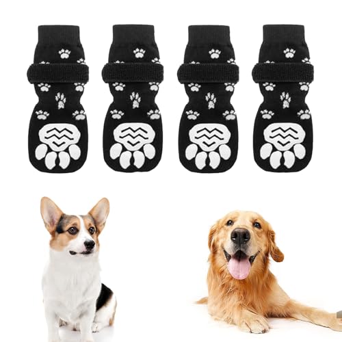 Kiuiom Indoor Anti-Rutsch Socken Für Hunde,Doppelseitige Hundesocken,Socken Hund Mit Verstellbaren Klettverschluss,Sommer Haustierpfoten Schutz Socken,Anti Slip Paw Protectoren Hundesocken,M,Schwarz von Kiuiom