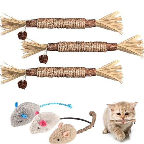 Kiuiom Katzenminze Sticks,Katzenminze Spielzeug,Katzensticks Zur Zahnreinigung,3 PC Matatabi Katzensticks Mit 3pc PlüSch Katzenspielzeug Maus FüR ​Katze Zu Spielen BeißEn Kauen Zahnpflege von Kiuiom