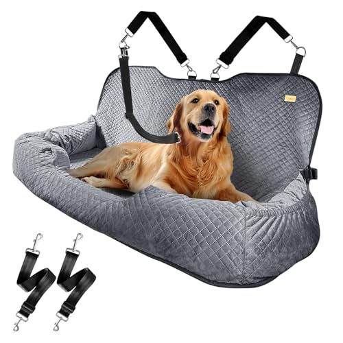 Kiusatig Großer Hunde-Autositz für 45,4 kg, Hundebett, Autositz, vollständig abnehmbar, waschbar, extra groß, für Reisen, Sicherheit mit Aufbewahrungstasche, Grau von Kiusatig