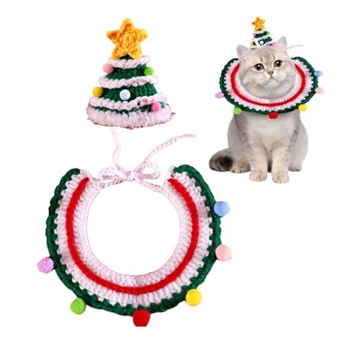 Kixolazr Haustier-Weihnachtshalsband und Mütze, gestrickter Katzenhalsband-Schal | Katze Gestrickte Weihnachtshalsbandmütze,Weiche und bequeme handgewebte Katzenhalsbandmütze für Kaninchen, Schnauzer, von Kixolazr