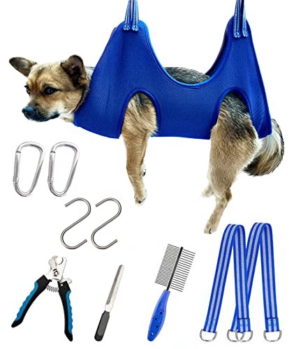 Kkiimatt 10 in 1 Haustier-Fellpflege-Hängematte, atmungsaktive Hundehängematte, Rückhaltesack für Haustiere, Hundepflege-Helfer zum Baden, Waschen, Fellpflege und Trimmen von Nägeln (S, Blau) von Kkiimatt