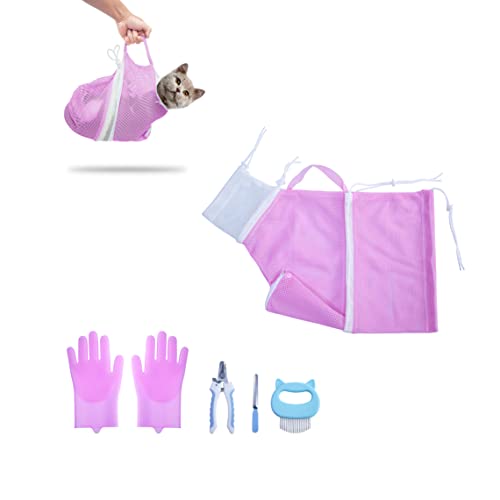 KlerRoem Katzenbadetasche, verstellbar, Anti-Biss- und Kratzschutz, Katzen-Duschnetz-Pflege-Tasche für Haustiere, Hunde und Katzen, Nagelfeile, Pflegehandschuh und Katzenkamm (Pink) von KlerRoem