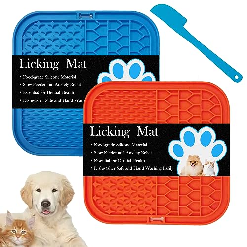 Leckmatte für Hunde Katzen Slow Feeder Frozen Treat Lecken Pads mit Saugnäpfen zum Baden Pflegen Haustier Langeweile & Angst Linderung (Blau & Orange) von KlerRoem