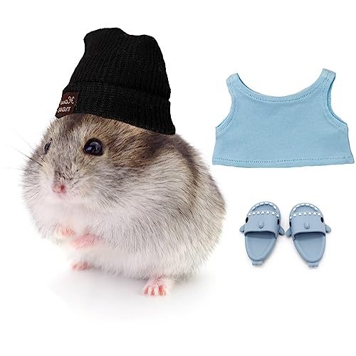 KnocKconK Hamster-Kostüm-Set mit Hemd, Hut, Schuhen, kleine Tiere, niedlicher Hai-Hausschuh für echte Haustiere, niedliche Mini-Ratte, Urlaub, Partykleidung, für Spaß, Fotos (Blau) von KnocKconK